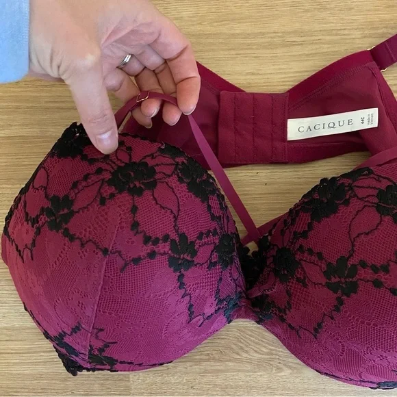 Cacique NWT Max Boost Plunge Lace Strappy Sexy Lace Bra Raspberry Black 44C - Picture 5 of 12